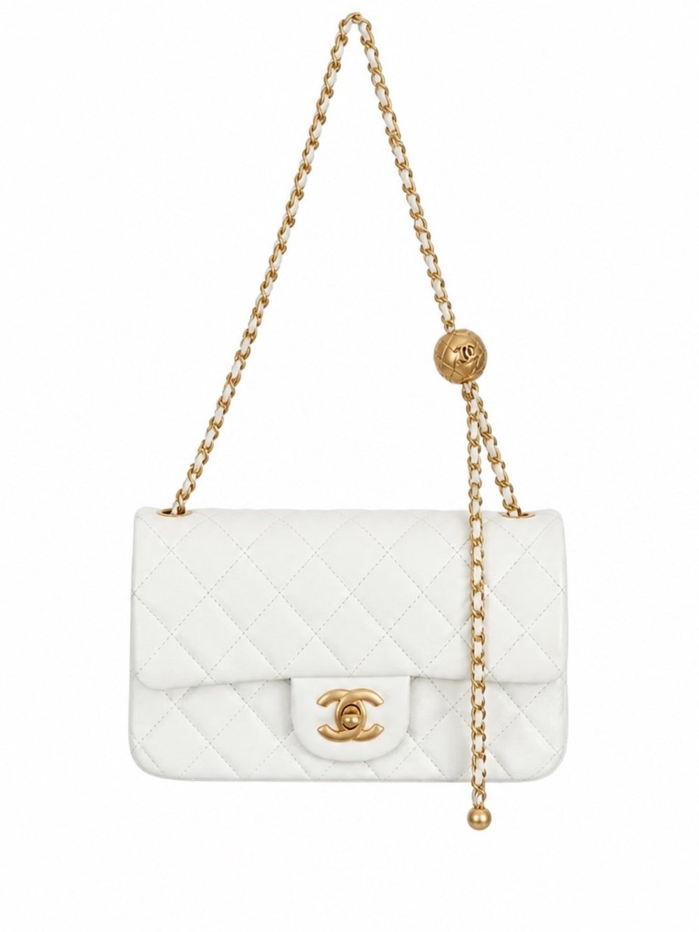 White Quilted Leather Shoulder Bag with Gold Chain